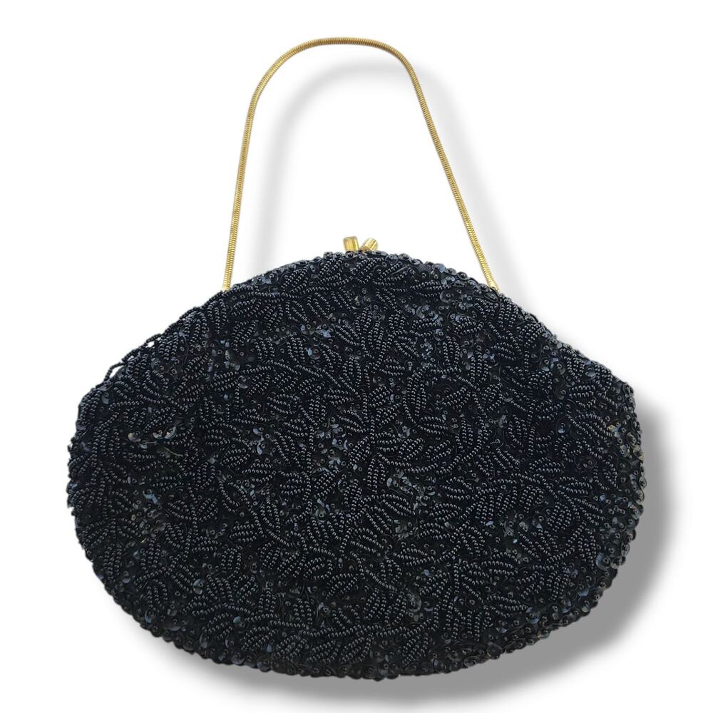 All Over Beaded Clutch Evening Bag Black Satin Vintage Handmade‎ In Hong Kong